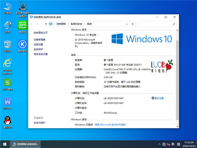 萝卜家园 Win10 x86（1909专业版）v2020.11